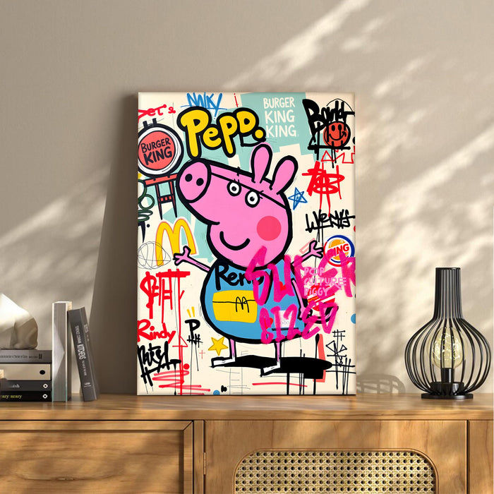 Cartoon Pig Graffiti Stretched Canvas Painting Print | Pop Art Street Style Wall Décor | Modern Abstract Canvas Art for Home & Office, 41x56 cm