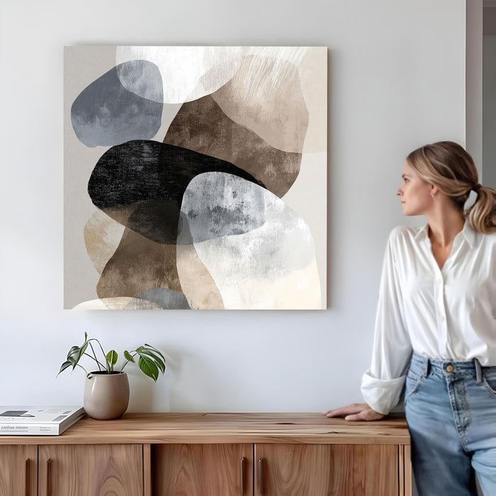 Modern Abstract Stretched Canvas Wall Art Painting For Living Room, Minimalist Geometric White & Dark Brown Textured Painting for Living Room, Office & Home Decor (56xx56 cm)