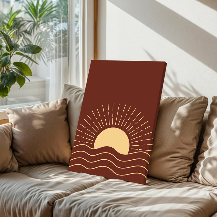Abstract Dark Brown Sun Rise Stretched Canvas Wall Art Modern Boho Illustration Painting for Home & Office Wall Decor, (16x22 Inch)