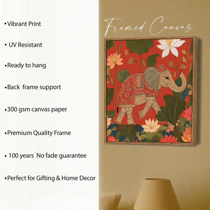 Pichwai Elephant Lotus Framed Painting For Living Room | Traditional Vastu Large Canvas Painting With Frame Wall Art For Bedroom, Hallway's, Office, Hotel, Size 58x58 cm