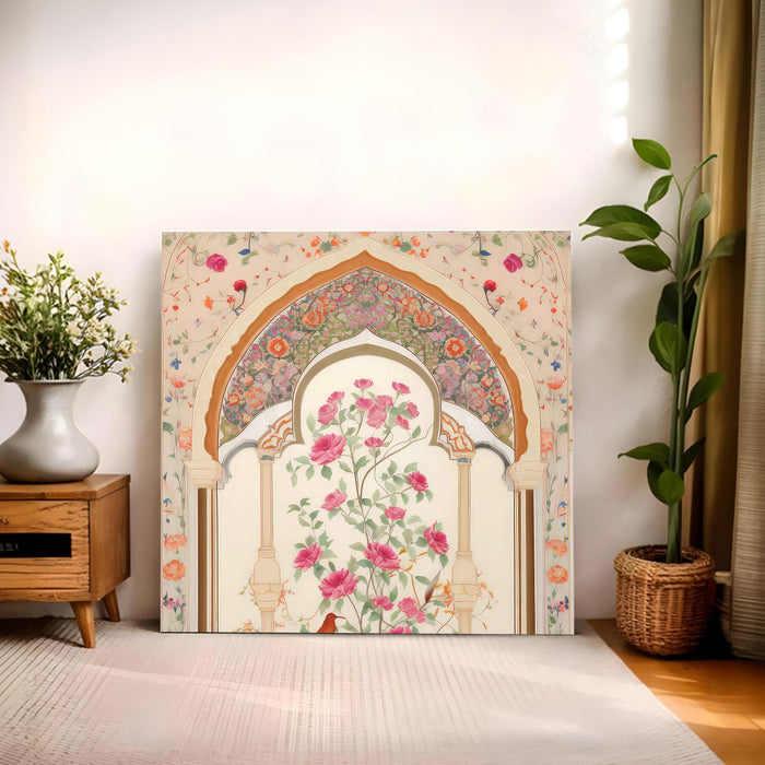 Indian Mughal Wall Art Painting For Living Room, Modern Miniature Style Stretched Canvas Wall Art Poster, Floral Peacock Motif Painting for Living Room, Office & Home Decor (56xx56 cm)