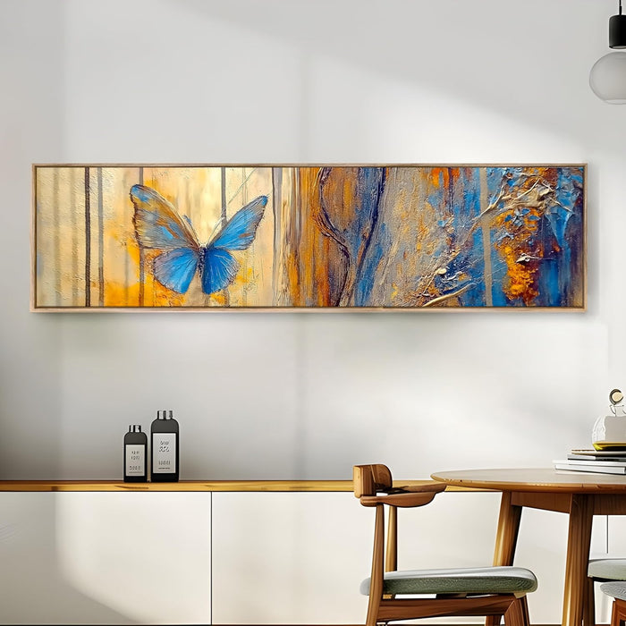 Large Canvas Painting Panel Framed Wall Art Print Abstract Blue Butterfly Framed Luxury Paintings for Home Decoration (Blue, 13x47 Inch)