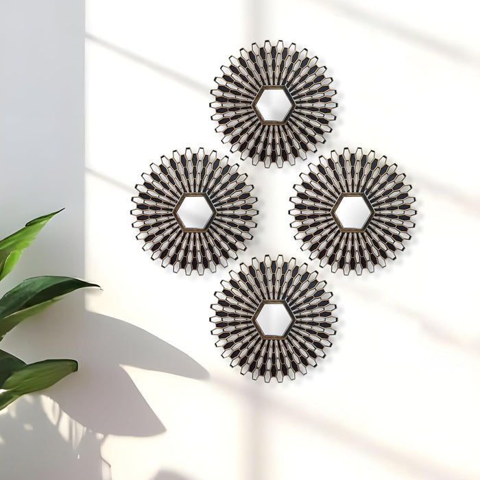 Decorative Wall Framed Mirror, Set of 4 Round Gold & Black, Wall Hanging Mirrors (10 X 10 Inchs)