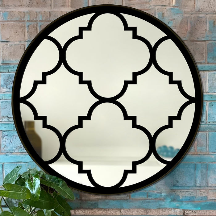Decorative Round Acrylic Jali Wall Mirror with Side Metal Black PVC Moulding, Wall Mirror (16x16 Inch)
