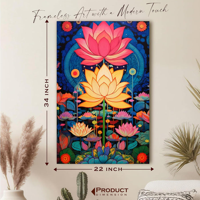 Abstract Multicolor Aesthetic Lotus Painting with Frame, Framed Canvas Paintings Stretched Canvas Wall Art  22x34 Inch