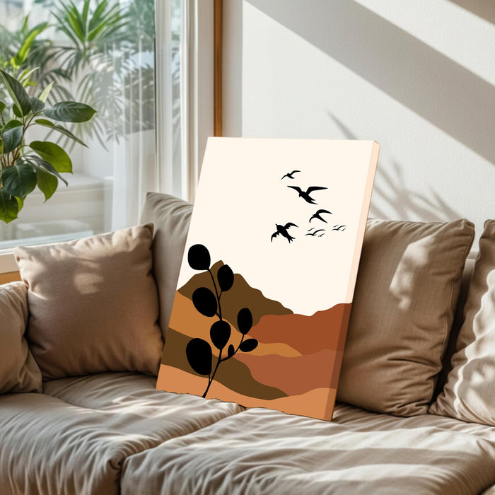 PAINTINGMANTRA Abstract Desert and birds Stretched Canvas Wall Art Modern Boho Illustration Painting for Home & Office Wall Decor, (16x22 Inch)