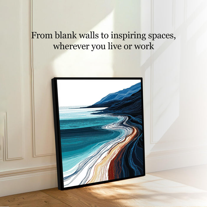 Abstract Ocean Coastline Framed Painting For Living Room | Modern Coastal Seascape Large Canvas Painting With Frame Wall Art For Bedroom, Hallway's, Office, Hotel, Size 58x58 cm