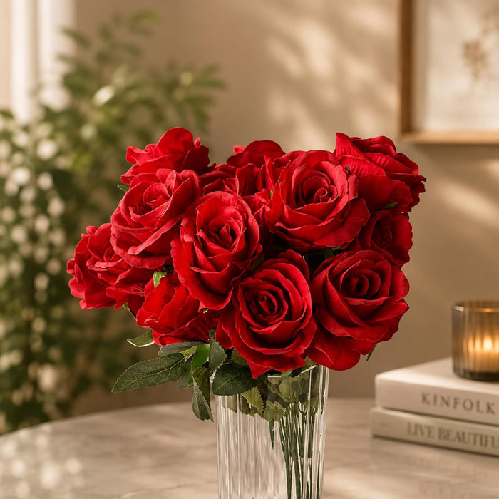 Artificial Red Rose Flower Bunch for Home Decoration | Realistic Silk Rose Bouquet with Green Leaves |