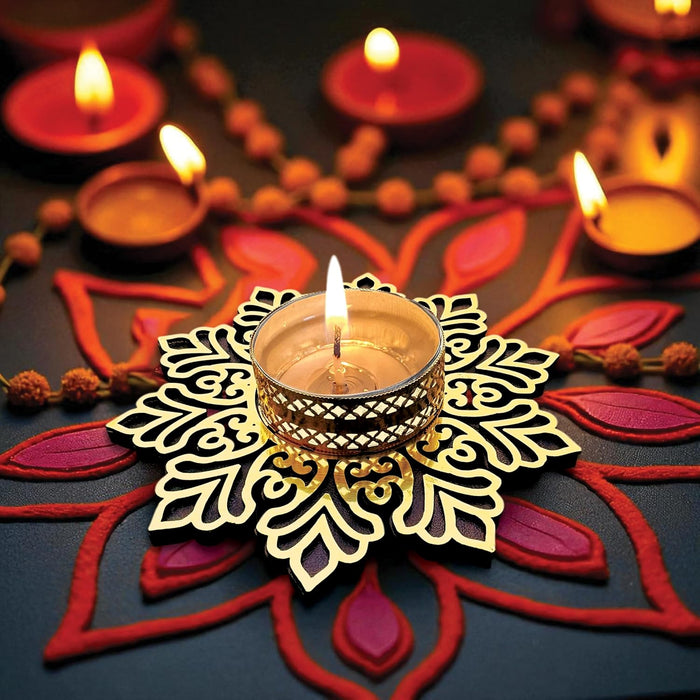 Decorative Diwali Tealight Diya Holders for Home Decoration, Dipawali Décor Items, Diwali Temple Decoration - MDF Wood Tea Light Candle Holder Stand Flower-shaped stands –11x11 cm