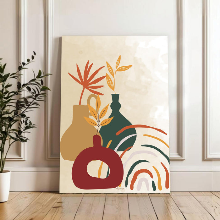 Abstract Vase and Plats Stretched Canvas Wall Art Modern Boho Illustration Painting for Home & Office Wall Decor, (16x22 Inch)