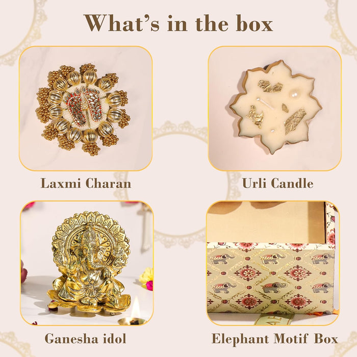 Diwali Gift Hamper Laxmi Ganesh Idol and Laxmi Charan with Urli Diya, Friends and Relatives (Pack of 3)