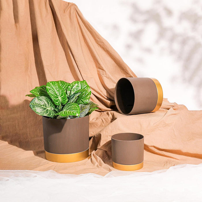 Plant Pot Pack Planter Pot Pack of 3 for Home Decor Brown Copper Indoor Outdoor with Vertical Embossed Ribbed Pattern Perfect 26x29, 21.5x24 and 17x18.5 cm