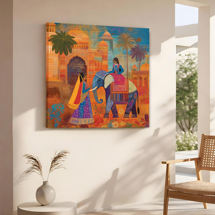 Royal Indian Elephant & Mughal Palace Stretched Wall Art Painting For Living Room, Traditional Rajasthani Folk Print Featuring Ethnic Women & Haveli Architecture For Home Decor (56xx56 cm)