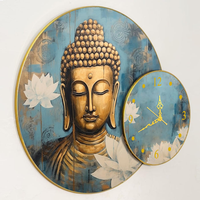 Meditating Lord Buddha Round Wall Painting with Clock for Home, Clock with Painting Circular Gold Metal Finish Stylish Large Art Print (28x22 Inch)