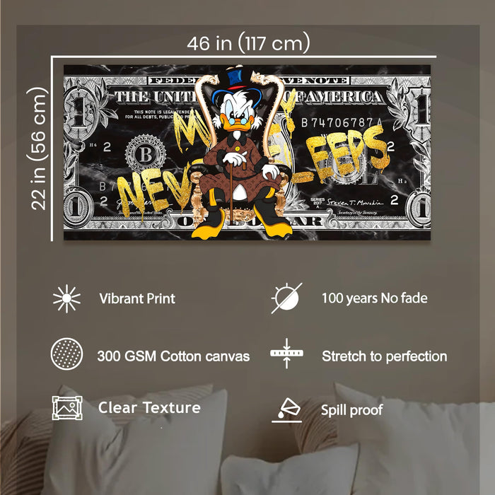 Money Never Sleeps Graffiti Stretched Canvas Wall Art | Luxury Dollar Pop Art Modern Wall Painting for Living Room, Office & Studio Décor, 22x46 Inch