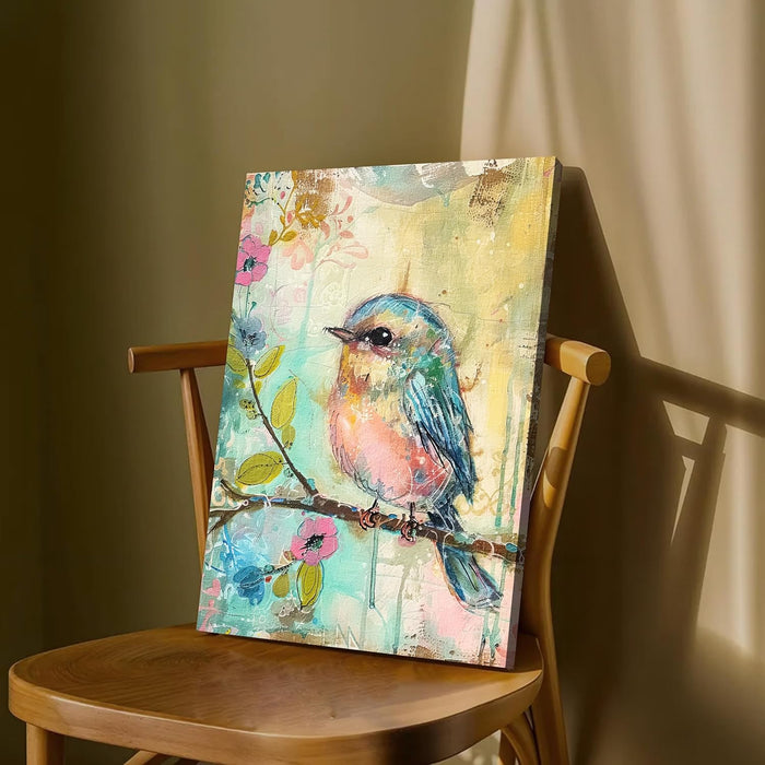 Soft Pastel Art of Bird and Flower in Blue, Pink, and Yellow | Digital Painting On Canvas Stretched on Wood (16x22 Inch)