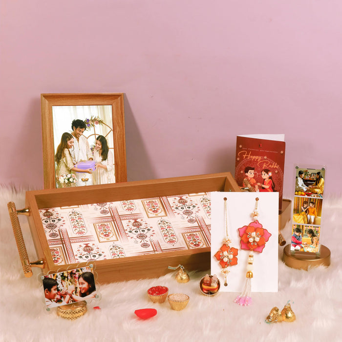 Rakshabandhan Gift Hamper for Brother and Bhabhi, Photo Frame and Serving Tray, Flower DesignRakhi with Chawal and Roli Gift Set for Celebrate Raksha Bandhan