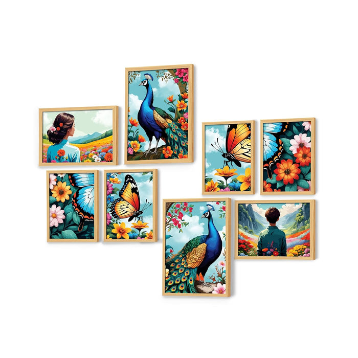 Art Street Set of 8 Indian Wall Art Print Boy and Girl with Butterfly Floral Framed Vintage Poster For Home (Size: 9.3x12.7 & 12.7x17.5 Inch)