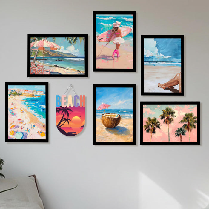 PAINTINGMANTRA Beach Theme Framed Wall Art Set of 7 (1 MDF wall Hanging) – Coastal Ocean Prints, Palm Trees & Summer Vibes | Modern Framed Paintings for Living Room, Bedroom, Home Decor, 9x13 Inch