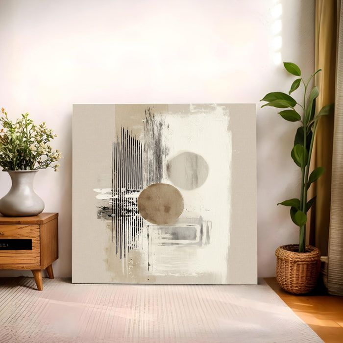 Abstract Minimalist Geometric Stretched Canvas Wall Art Painting for Living Room, Modern Neutral Painting, Overlapping Circles & Lines in Beige & Black for Office (56xx56 cm)