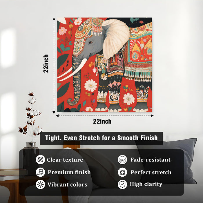 Royal Indian Elephant & Floral Garden Wall Art Painting For Living Room, Traditional Rajasthani Folk Stretched Canvas Painting, Modern Ethnic Mughal Decor for Living Room, Office & Home (56xx56 cm)