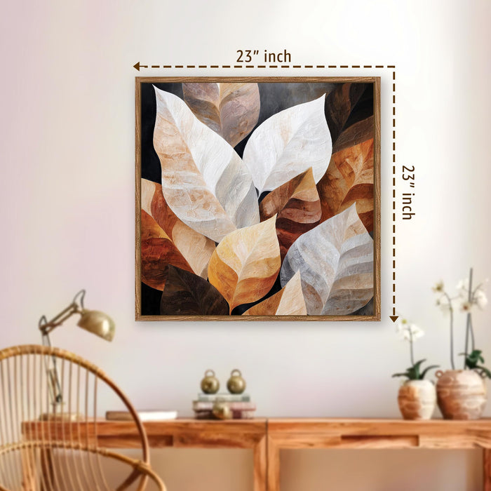 Abstract Autumn Leaf Framed Painting For Living Room | Rustic Botanical Leaf Large Canvas Painting With Frame Wall Art For Bedroom, Hallway's, Office, Hotel, Size 58x58 cm