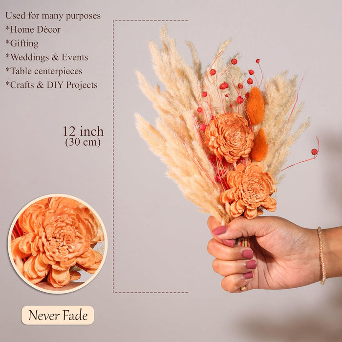 Dried Pampas Grass and Orange Artificial Flowers Bouquet Boho Dried Flower Arrangement, Natural Dry Floral Bouquet 30 cm