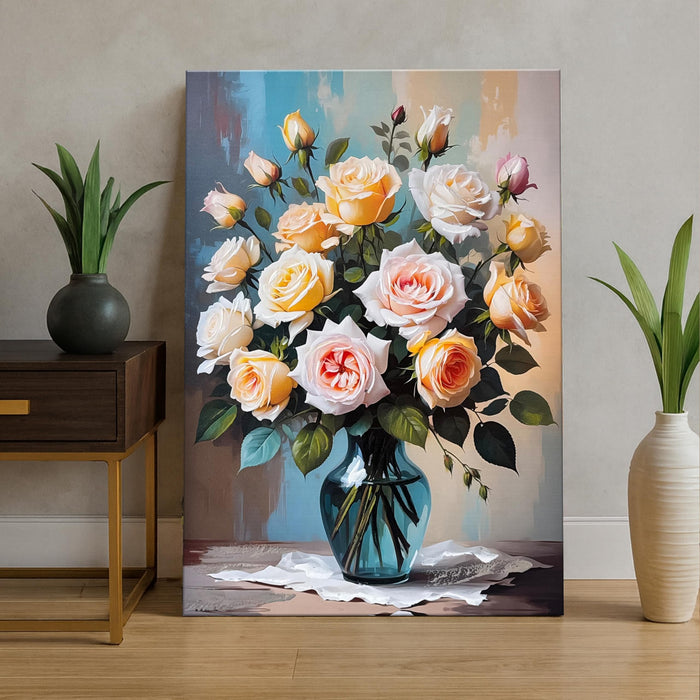 Wall Art Abstract Flower Stretched Canvas Painting Roses in Vase 3D Textured Abstract Paintings for Bedroom Office Wall Décor Hand Painted Canvas Art Floral Decor Painting 61x91 cm