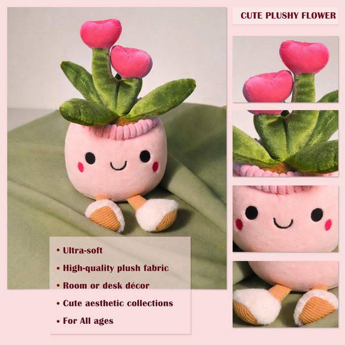 Art Street Cute Pink Potted Plush Plant with Smiling Face & Dangling Legs | Soft Heart Flower| Kawaii Desk Decor | Unique Gift for Plant Lovers, Valentine's Day