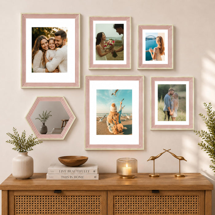 Art Street Pink Gallery Wall Photo Frame Set with Hexagon Mirror | Modern Collage Timeline Wall Decor for Living Room, Bedroom & Family Memories | Multi Size Frame Set