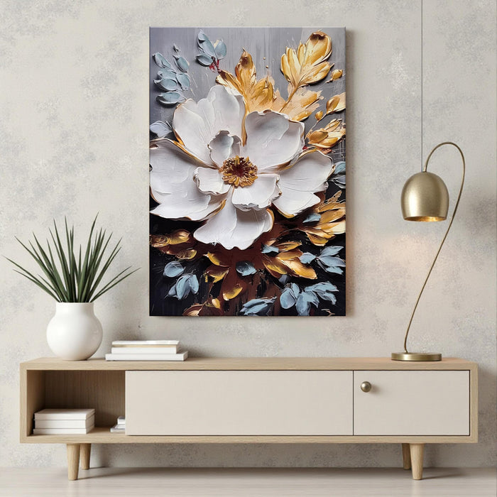 Stretched Canvas Abstract White Flower Canvas Painting 3D Textured Gold Floral Painting Abstract Paintings for Bedroom Office Wall Décor Hand Painted Art 61x91 cm