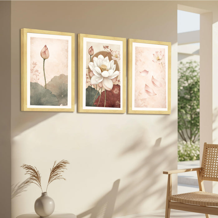 Modern Abstract Blooming Lotus A3 Framed Poster for Living Room With Frame, Abstract Floral Framed Vastu Posters for Home Decor Bedroom Hallways Office Hotel Set of 3, Size 33x45 cm