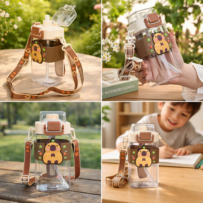 Art Street Water Bottle for Kids – 550ML Square Sipper with 3D Silicone Charm, Adjustable Shoulder Strap, Leak-Proof & BPA-Free Portable Travel Bottle for School & Outdoors (Brown, 7x3)