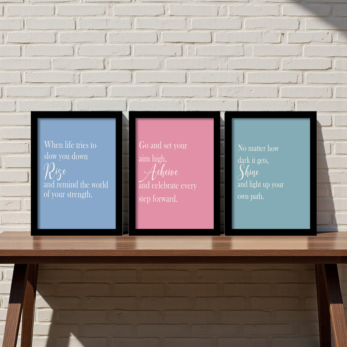 Motivational Quote Wall Art Set of 3 Framed Prints | Rise Achieve Shine Inspirational Wall Décor for Living Room, Bedroom & Office, 23x32 cm