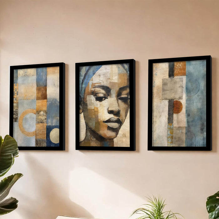 Abstract Woman Face A3 Framed Painting for Living Room With Frame, Women's Day Gift Abstract Aesthetic Framed Paintings for Home Decor Bedroom Hallways Office Hotel Set of 3, Size 33x45 cm
