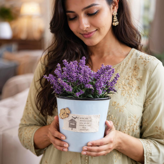 Ceramic Flower Pot with Artificial Purple Flowers | Decorative Tabletop Planter