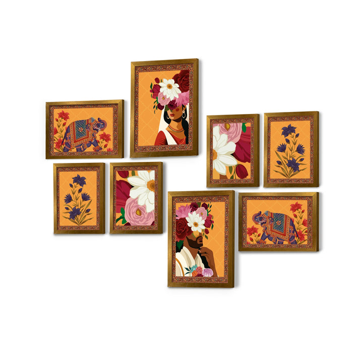 Art Street Set of 8 Indian Folk Wall Art Royal Prince with Queen Palace Painting For Home (Size: 9.3x12.7 & 12.7x17.5 Inch)