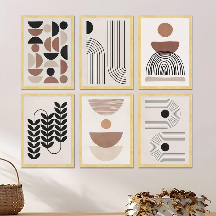 Boho Abstract Framed Painting Wall Art Set of 6 | Portrait, Botanical & Geometric Prints | Warm Neutral Tones | Engineered wood Frame Wall Décor, (Size: A3)