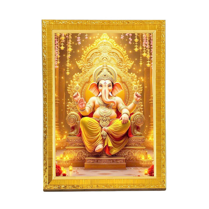 Lord Ganesha Ji Golden Photo Frame for Mandir, Pooja Room | Divine Hindu Deity Wall Art (10x13 Inch)