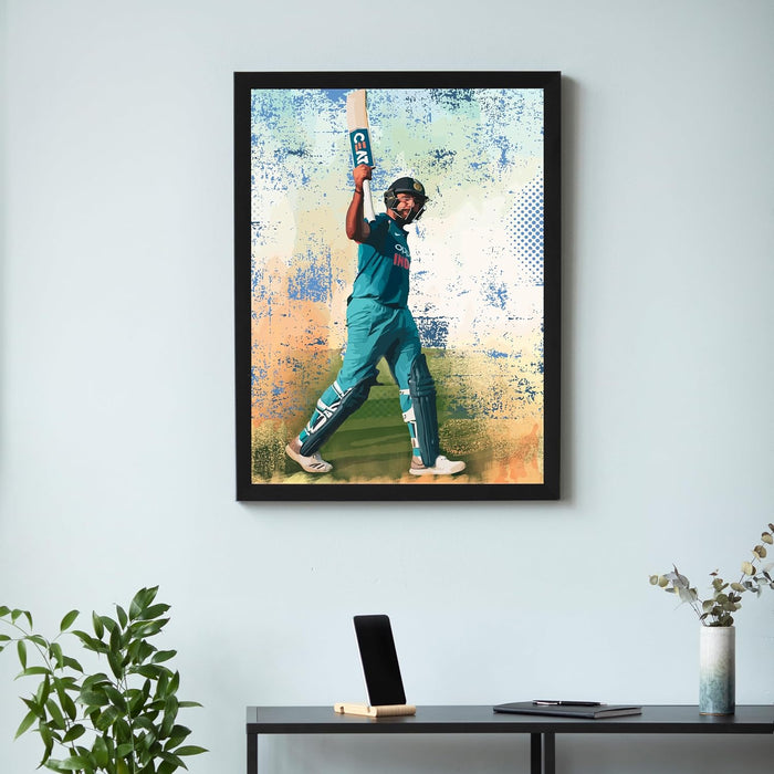 Framed Wall Hanging Art Print of Cricket Batsman Batting Sports Poster For Home Decor (12.7X17.5 Inch)