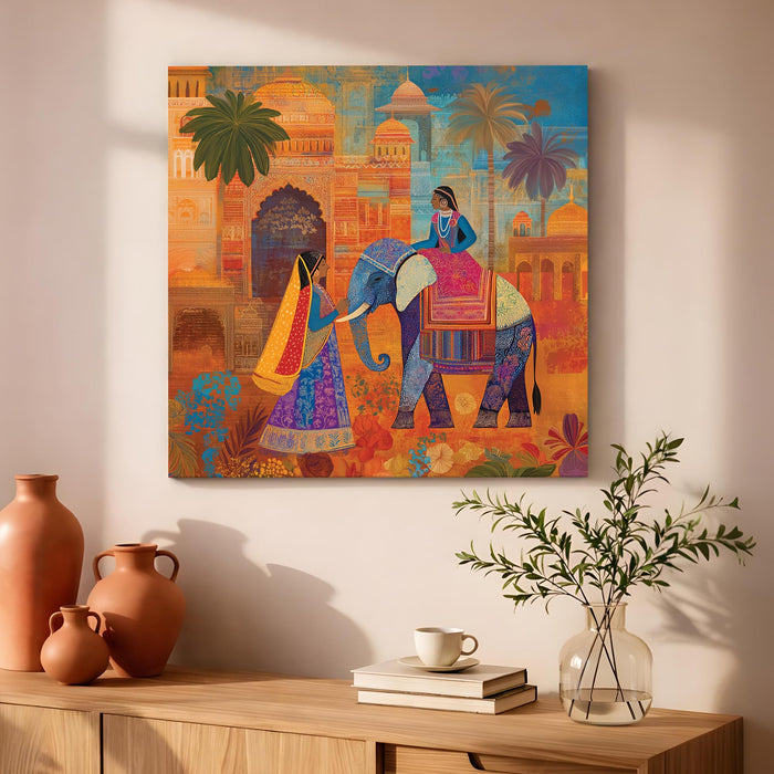 Indian Ethnic Elephant Stretched Canvas Painting For Living Room | Rajasthani Miniature Wall Art Large Canvas Painting For Livingroom Home Decor, Bedroom, Hallway's, Office, Hotel - 86x86 cm