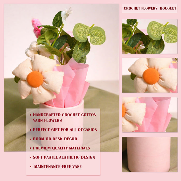 Art Street Handmade Knitted Flower Bouquet in Pink Gift Box – Artificial Daisy & Eucalyptus Arrangement with Soft Fabric Heart | Decorative Table Décor & Gift for Birthday, Anniversary, Valentine