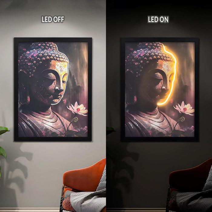 LED Buddha Wall Art Print with Wooden Frame, Feng Shui Vastu Wall Decor, Buddha Painting with LED Light - 43x58 cm