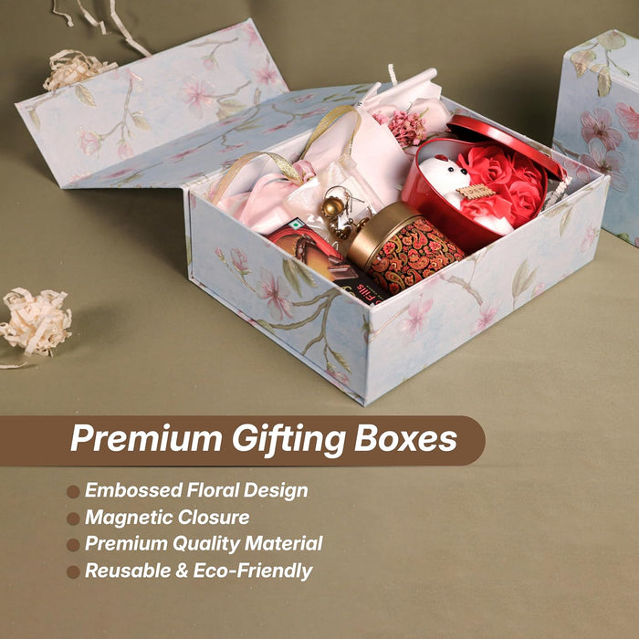 Foldable Cardboard Flowers Printed Hamper Gift Box Set of 2, Multipurpose Gift Hamper Box For Special Occasions, Wedding Gift Packaging (Blue)