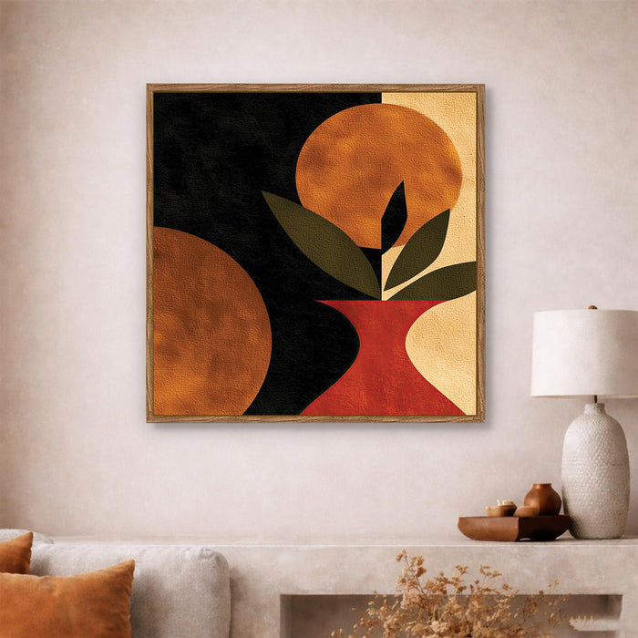Boho Vase Botanical Framed Painting For Living Room | Abstract Plant and Sun Large Canvas Painting With Frame Wall Art For Bedroom, Hallway's, Office, Hotel, Size 58x58 cm