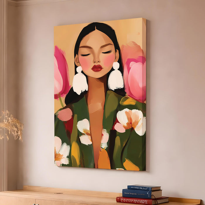 Abstract FLoral Portrait Stretched Canvas Painting For Living Room | Feminine Figurative Stretched Canvas Wall Art For Livingroom Home Decor, Bedroom, Hallway's, Office, Hotel - 56x86 cm