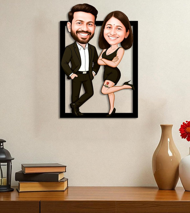 Customized Caricature Character Custom Cartoon Photo Frame, MDF Wood Personalized Anniversary Gift For Husband, Wife, Customised Gift For Friends & Family, Girlfriend, Boyfriend, Couples
