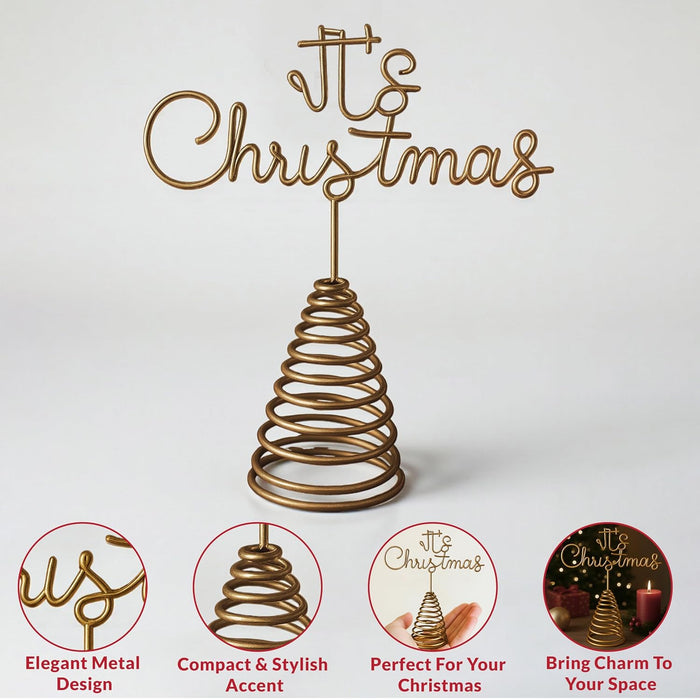 Festive Metal Gold Tree Topper It's Christmas Script Font Tree Decoration Spiral Base for Xmas-Tree Decor 19x21 cm