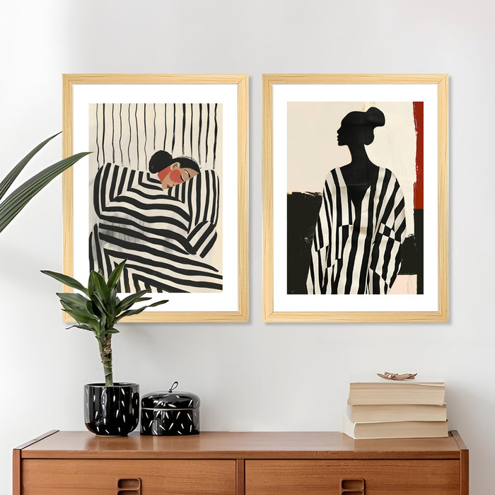 Modern Art Boho Woman in Stripes Abstract, Set of 2 (Black, 13x18 Inch), Wall Paintings