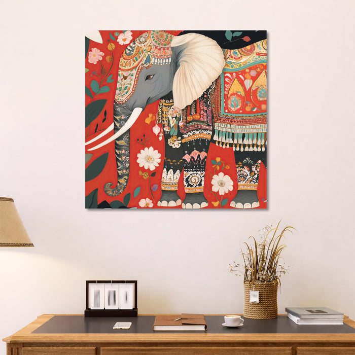 Royal Indian Elephant & Floral Garden Wall Art Painting For Living Room, Traditional Rajasthani Folk Stretched Canvas Painting, Modern Ethnic Mughal Decor for Living Room, Office & Home (56xx56 cm)